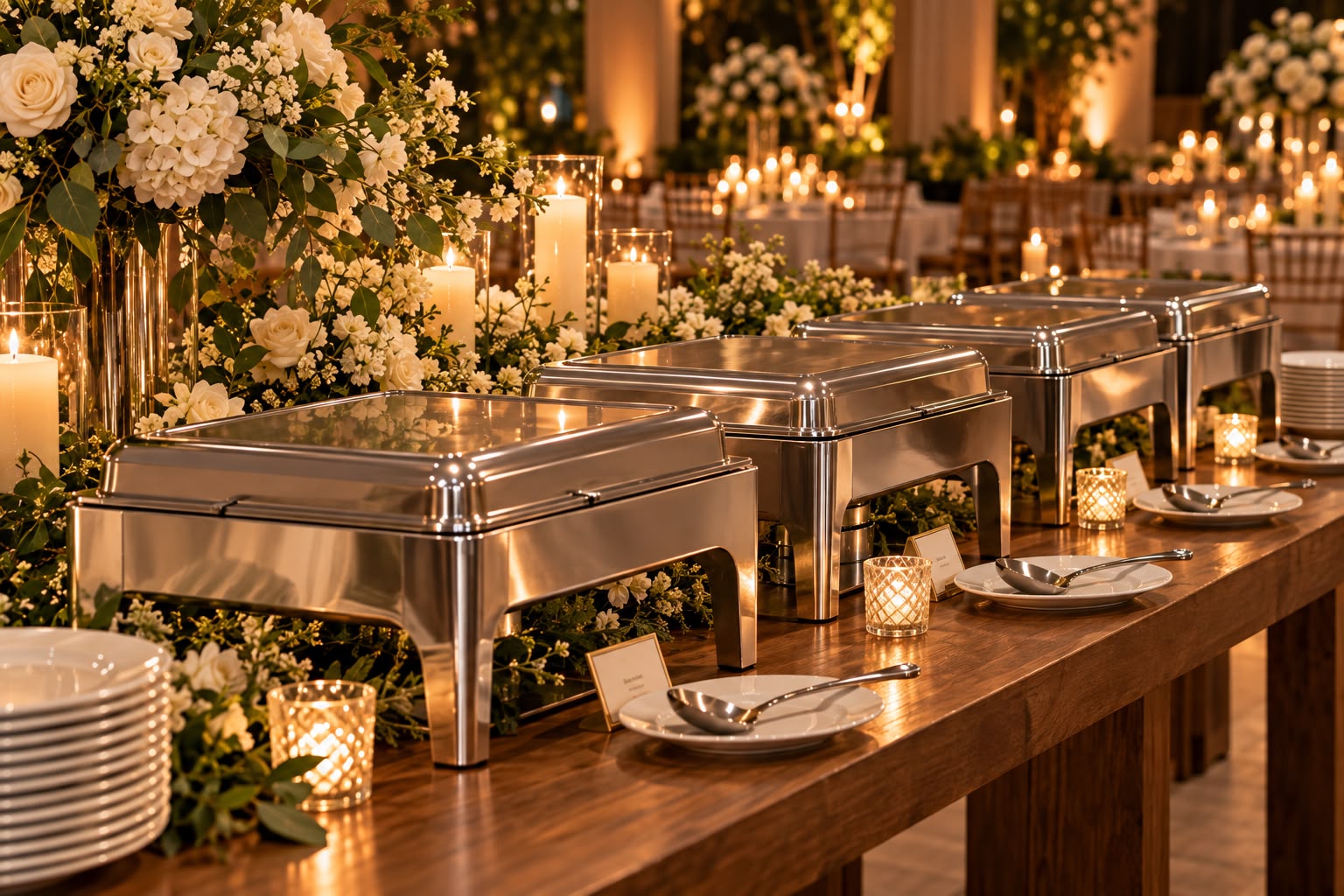 Mesa de buffet preparada com peças decorativas